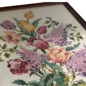 VTG Framed Lilac & Tulips Finished Cross Stitch Cottagecore Granny Chic 20 x 16"